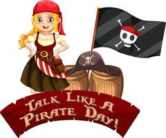 Talk Like A Pirate Day font banner with pirate girl cartoon character vector