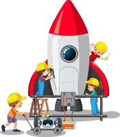 Children building rocket together on white background vector