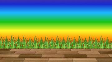 Grass and wood floor on rainbow gradient background vector