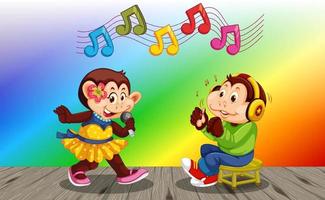 Two monkeys singing together on rainbow gradient background vector