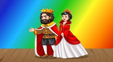 King and queen cartoon character on rainbow gradient background vector