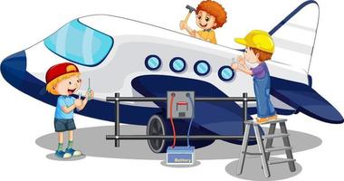 Children repairing airplane together on white background vector