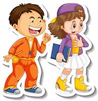 Sticker template with couple of kids students cartoon character isolated vector