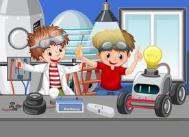 escena con niños reparando coches de juguete juntos vector
