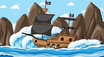 Ocean with Pirate ship at day time scene in cartoon style vector