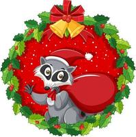 Cartoon raccoon in Christmas wreath isolated vector