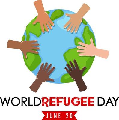 World Refugee Day banner with different hands on globe isolated