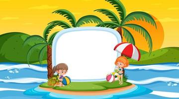 Empty banner template with kids on vacation at the beach sunset scene vector