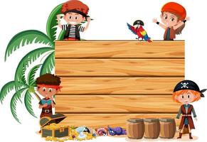 Many pirate kids with an empty banner isolated on white background vector