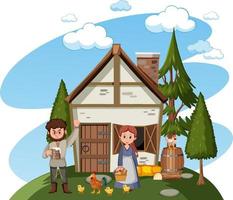 Medieval house with villagers and farm animals vector