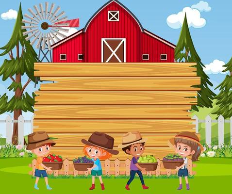 Empty wooden board with farmer kids at the farm scene