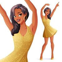 Mujer bonita bailando en la ilustración de vector de vestido de brillo dorado