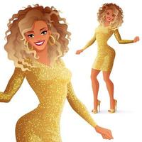 African American woman dancing in golden dress vector illustration