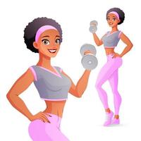 Black athletic woman exercising with dumbbell vector