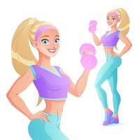 Mujer deportiva haciendo ejercicio con mancuernas ilustración vectorial vector