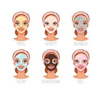 Woman with different facial cosmetic skincare masks vector set