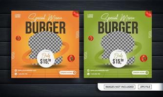 Folleto naranja y verde o banner de redes sociales para publicación de venta de hamburguesas vector