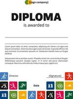 plantilla de diploma con cuadrados multicolores e iconos deportivos vector