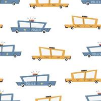 Children's pattern with cars. Cars. Transport. Road. Vector hand-drawn color seamless repeating children simple pattern with cars, in Scandinavian style road on a white background.