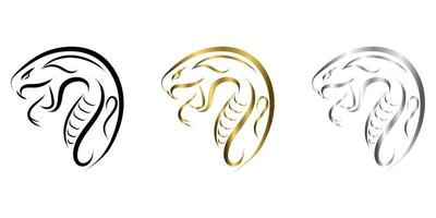 arte lineal de tres colores en oro negro y plata de cabeza de serpiente. vector