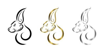 three color black gold and silver  line art of rabbit head. vector