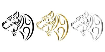 three color black gold silver line art of tiger head. vector