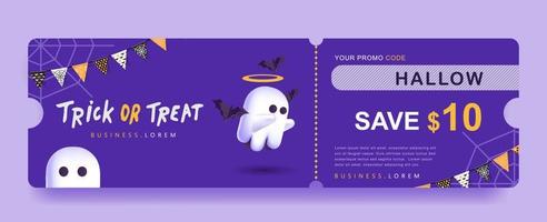 banner de cupón de promoción de regalo de halloween con lindo fantasma vector