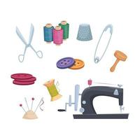 Fabric sewing measuring accessories dressmaker gadgets hangers thread needle cartoon vector