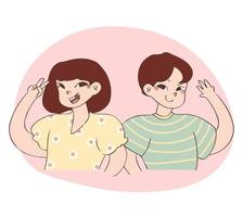 A boy and a girl smiling and showing peace sign with two finger vector