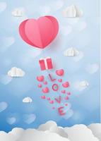 Origami made hot air balloon in a heart shape. paper art style. valentine day vector