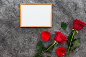 On a gray background lined wooden frame and red roses. Place for text photo