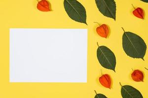 white sheet  lie left on a yellow background with a pattern fresh green leafs and physalis photo