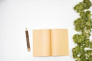 open notebook next to a pencil lie on a background with a green branch. Copy space photo