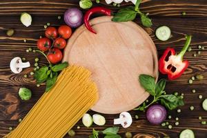 Set of spaghetti cooking products, top view, free space photo