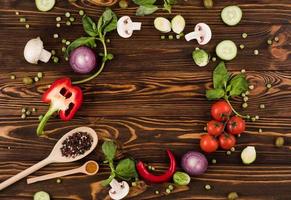 Set of vegetables on wooden board. Copy space.