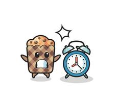 Cartoon Illustration of muffin is surprised with a giant alarm clock vector