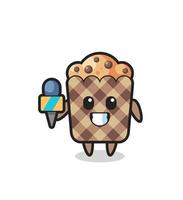 mascota de personaje de muffin como reportero de noticias. vector