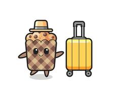 muffin cartoon illustration with luggage on vacation vector
