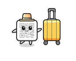 qr code cartoon illustration with luggage on vacation vector