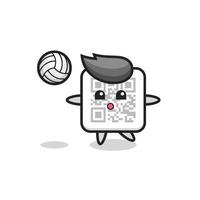 personaje de dibujos animados de código qr está jugando voleibol vector