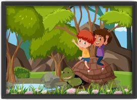 Happy kids playing with big turtle photo in a frame vector