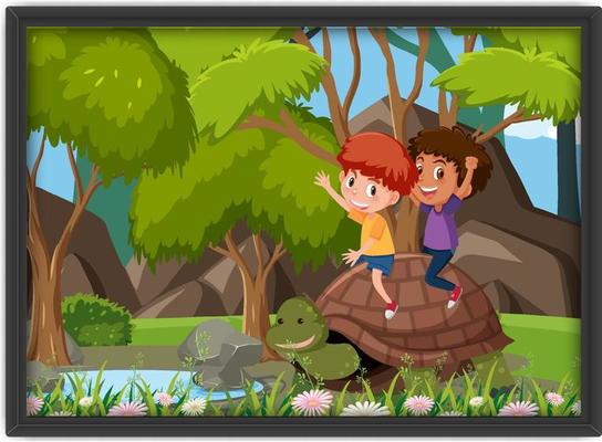 Happy kids playing with big turtle photo in a frame