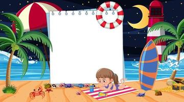 Niños de vacaciones en la escena nocturna de la playa con una plantilla de banner vacía vector