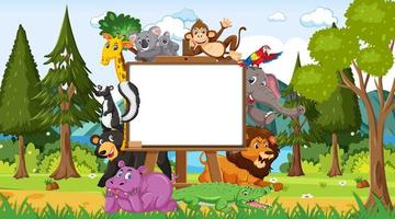 Empty wooden frame with various wild animals in the forest vector