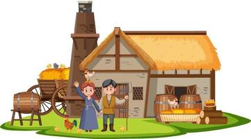 Farmhouse with villagers and farm animals vector