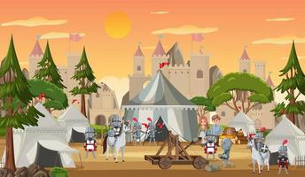 Campamento militar medieval con tiendas de campaña y guerreros. vector