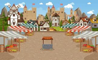 escena de la ciudad medieval con mercado vector