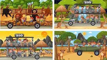 Set of different animals in safari scenes with kids vector