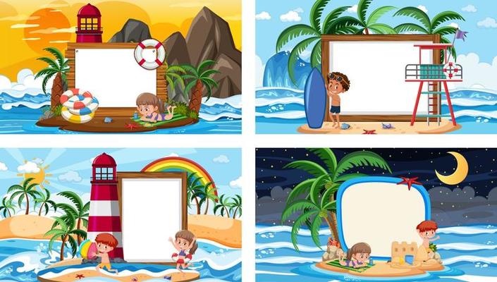 Set of different tropical beach scenes with blank banner