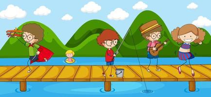 Scene with many dooddle kids cartoon character on the bridge crossing river vector